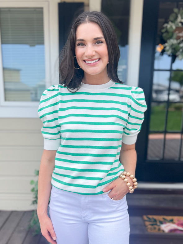 green and white strpe top