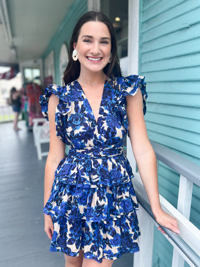 blue and cream floral dress