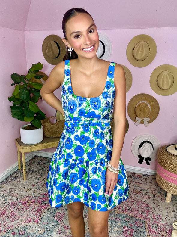 blue and green floral dress