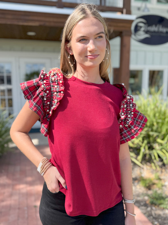 The Elloise Plaid Pearl Top-Garnet