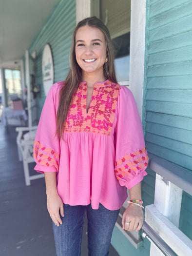 (J. Marie) The Carlie Embroidered Top-Pink