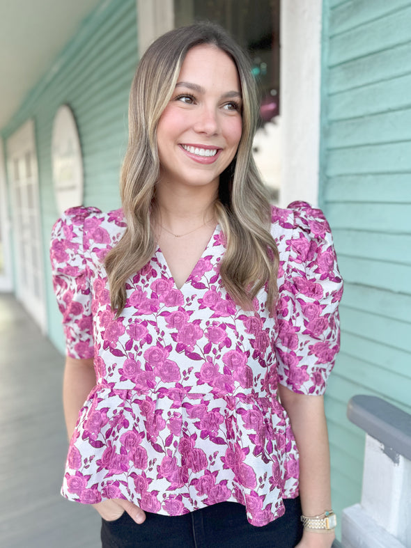 The Danielle Jacquard Floral Puff Sleeve Top-Pink