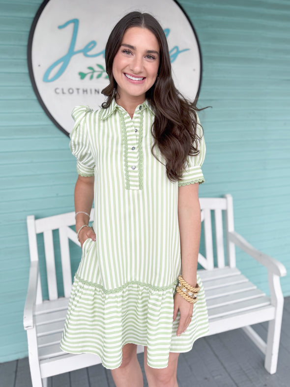 The Leighton Stripe Ruffle Dress-Green