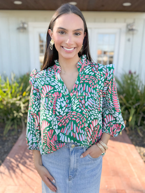 The Parker Mosaic Meadow Ruffle Top-Teal