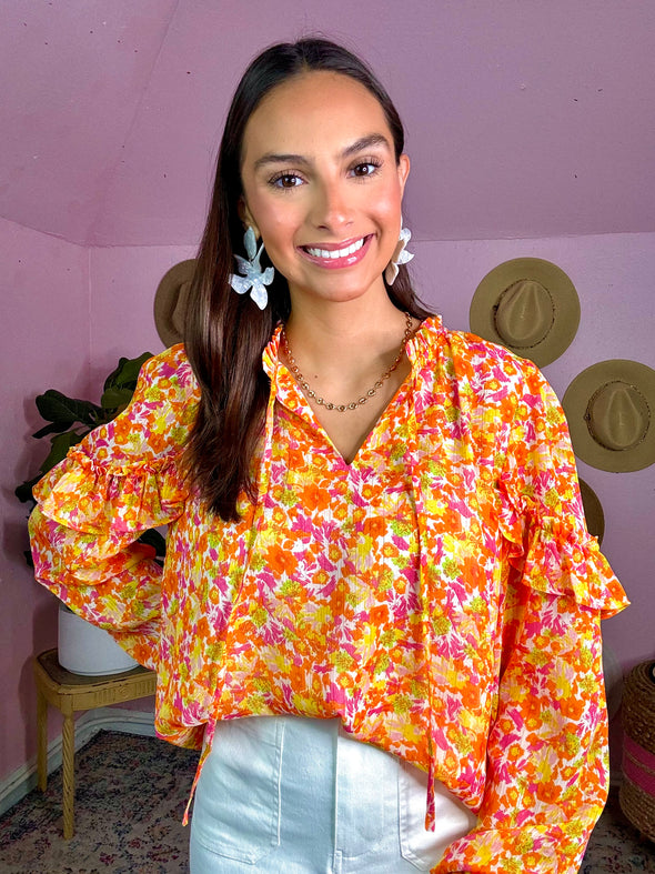 orange and pink floral top 