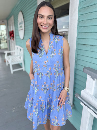 blue floral tiered dress