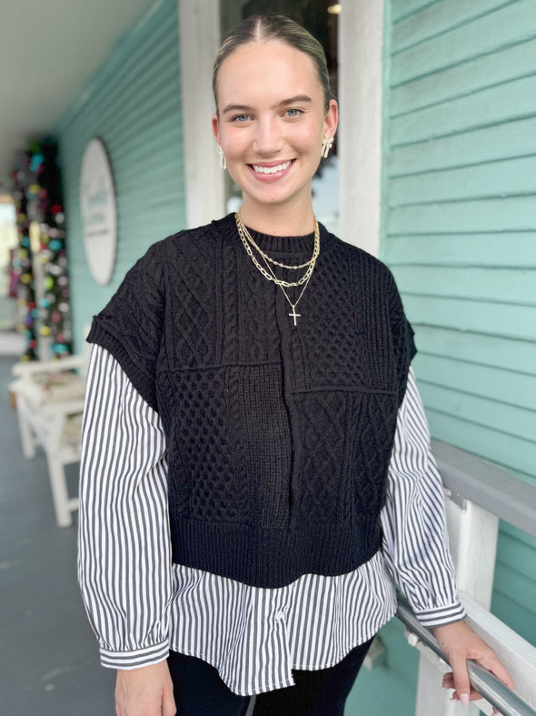 The Winnie Striped Shirt and Knit Vest Combo Top-Black