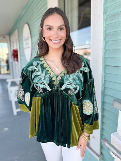 The Trixie Embroidered Velvet Top-Green