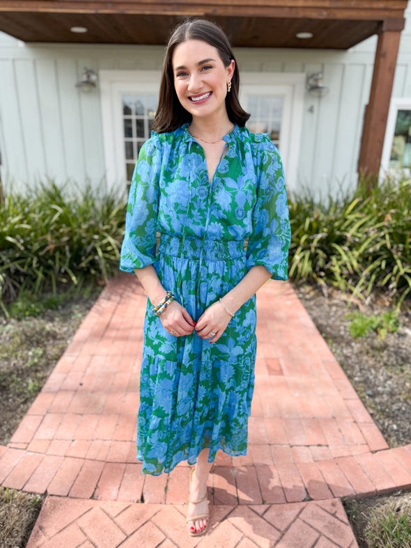 The Amren Floral Smocked Midi Dress-Blue