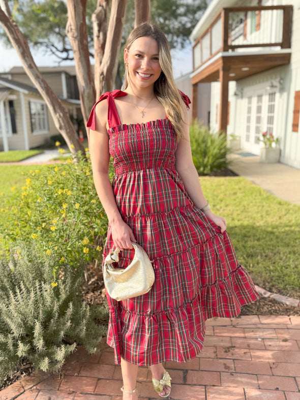 The Tamara Tie Strap Plaid Midi Dress-Red