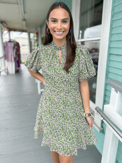 green and navy print dress
