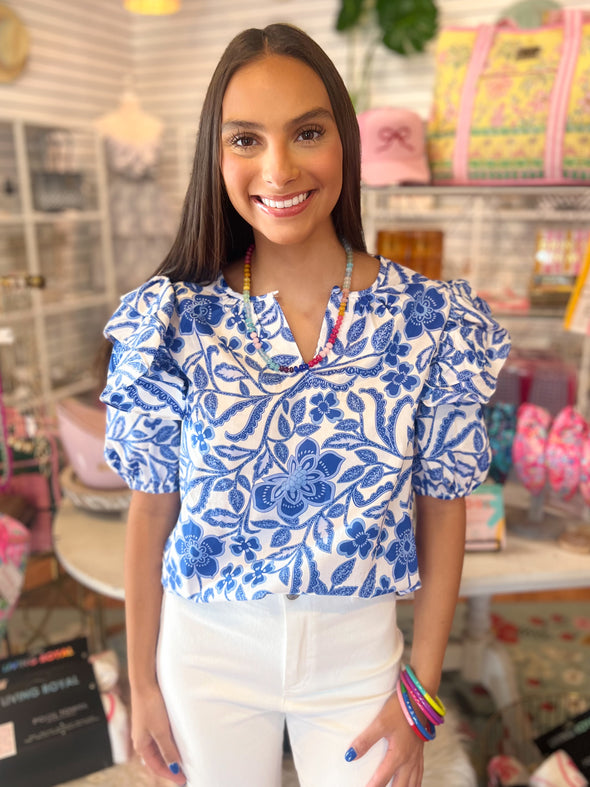 blue and white floral short sleeve top 