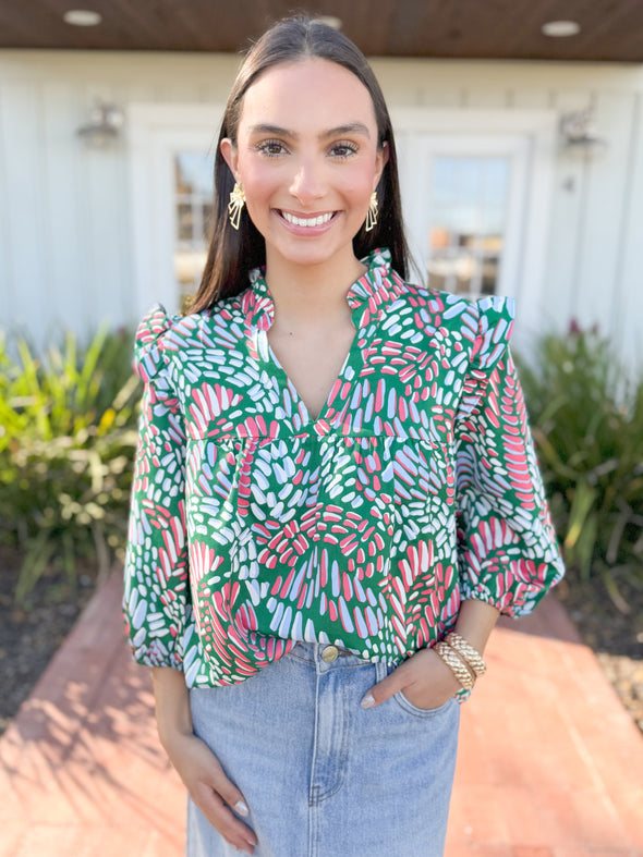 The Parker Mosaic Meadow Ruffle Top-Teal