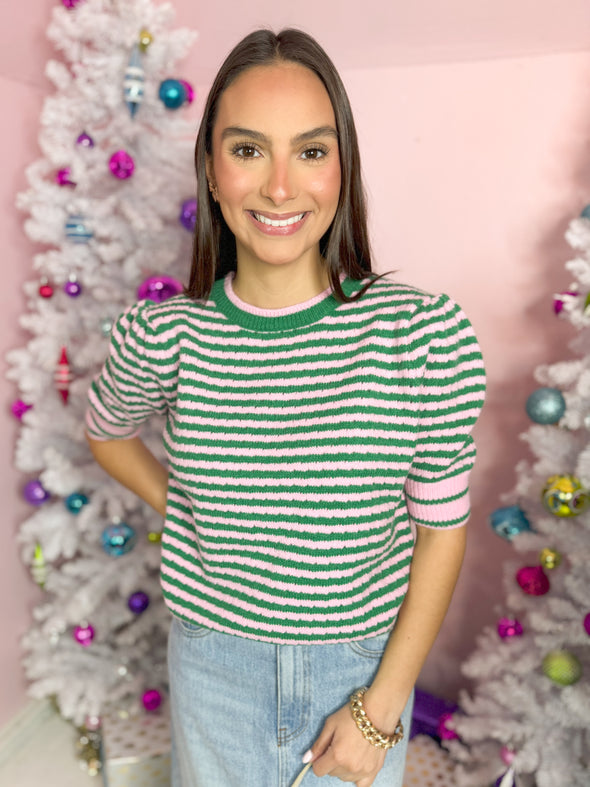 The Michellie Stripe Short Sleeve Sweater-Green/Pink