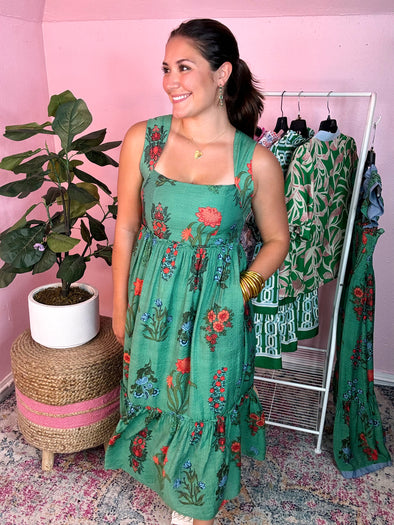 green dress with floral print 