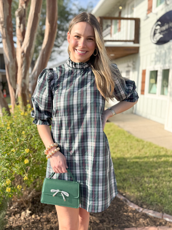 The Shelley Puff Sleeve Bow Back Plaid Dress-Navy