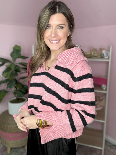 pink and black stripe sweater