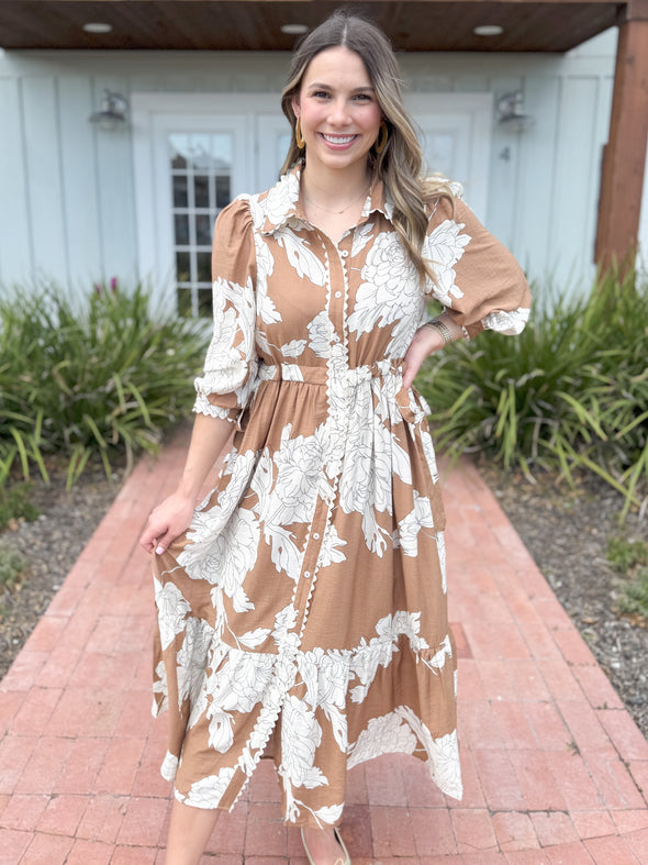 The Johnny Floral Scalloped Long Sleeve Maxi Dress-Camel