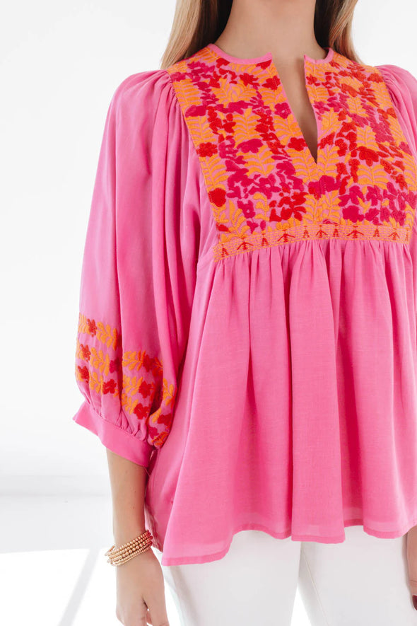 (J. Marie) The Carlie Embroidered Top-Pink