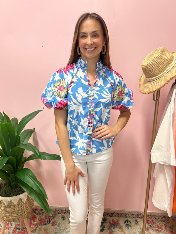 white and blue floral THML top with pink embroidered sleeves