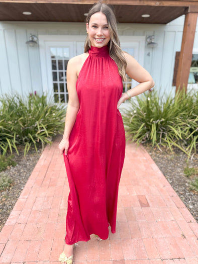 The Lammie High Neck Satin Maxi Dress-Burgundy