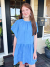 blue dress with braided neckline