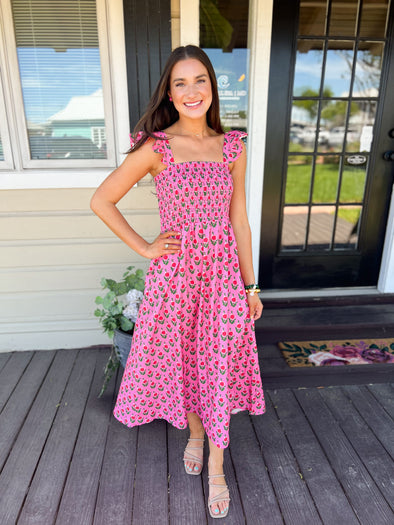 pink floral dress with smocking 