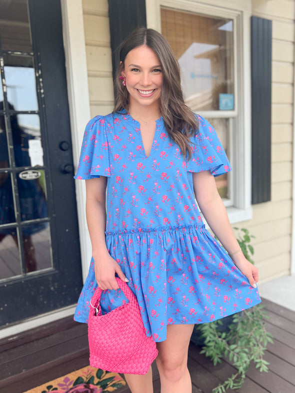 blue dress with pink flowers