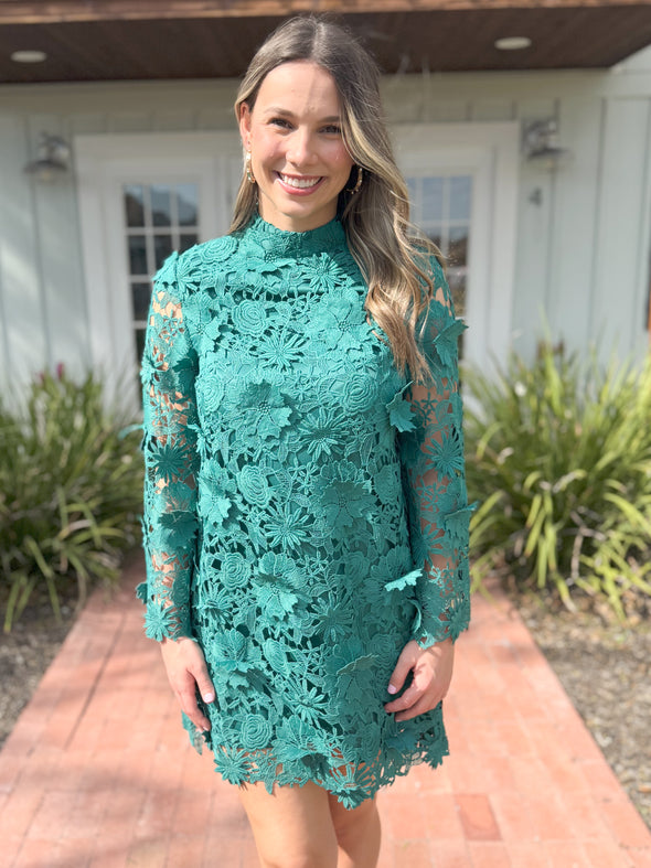 The Fiona Floral Lace Long Sleeve Dress-Green