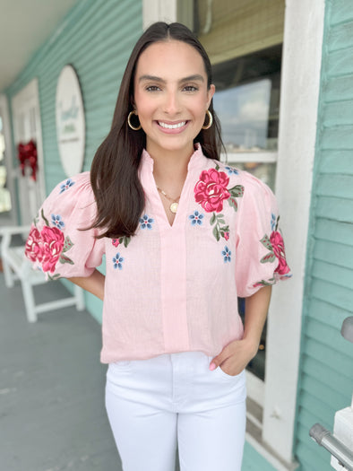 pink floral puff sleeve top 