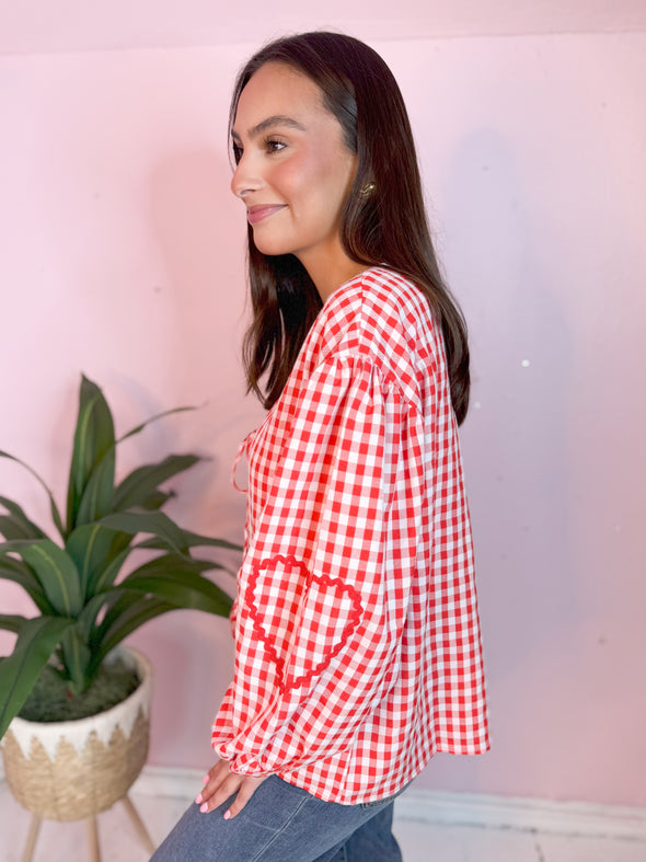 The Daphne Gingham Heart Tie Top-Red