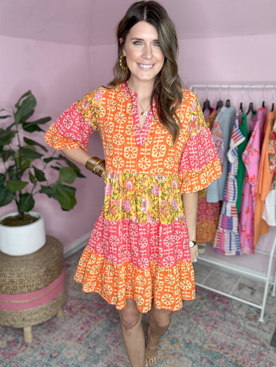 pink coral orange and yellow THML dress
