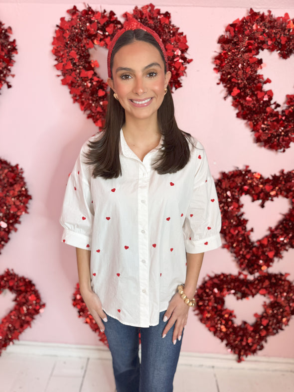 white embroidered 
heart button down top 