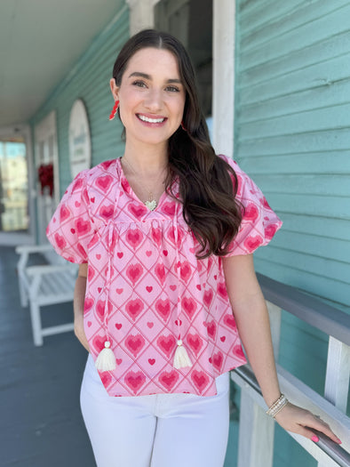 pink heart top with puff sleeves
