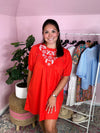 red poplin dress with white embroidery 