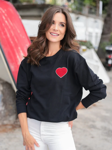 black sweatshirt with red heart and rhinestones