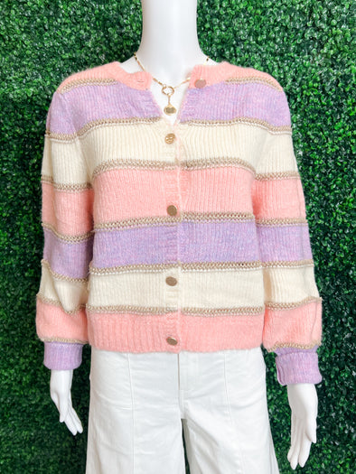 lavender pink and white button up cardigan 