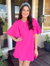 pink shift dress with flutter sleeves