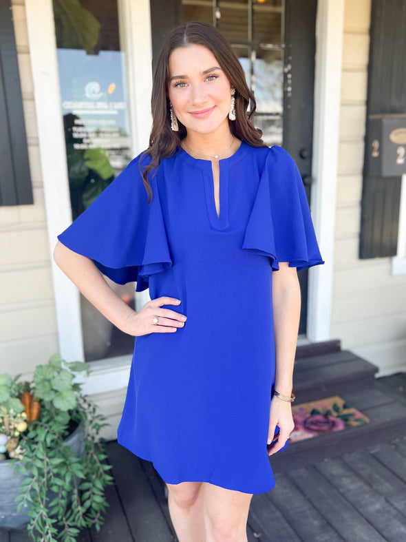 blue shift dress with flutter sleeves