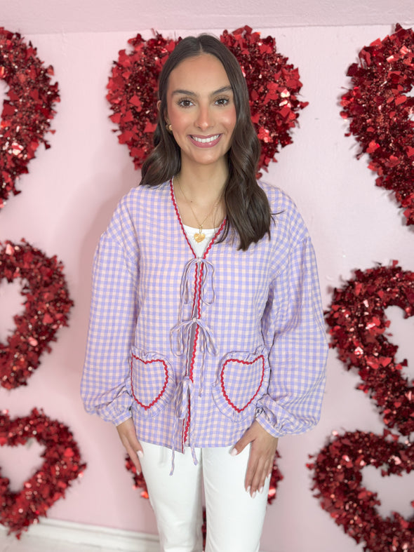 The Harris Heart Pocket Gingham Tie Top-Lilac