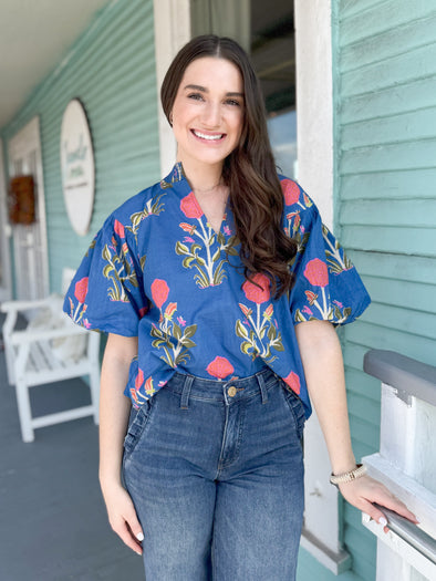 (THML) The Deere Top: Blue Floral Top 