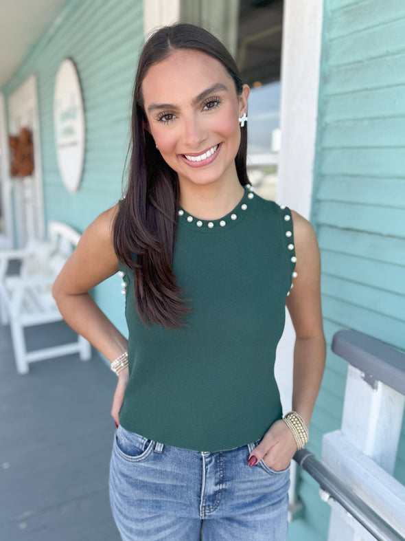 The Katy Pearl Top: Green top with pearls 