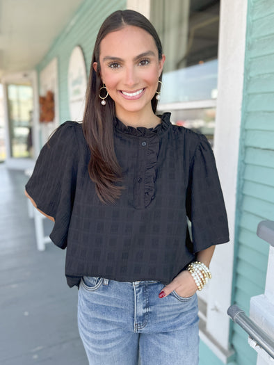 The Wichita Ruffle Neck Top-Black