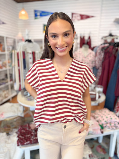 The Stellia Stripe Top-Burgundy