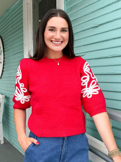 (THML) The Joe Embroidered Balloon Sleeve Sweater-Red TMK2045