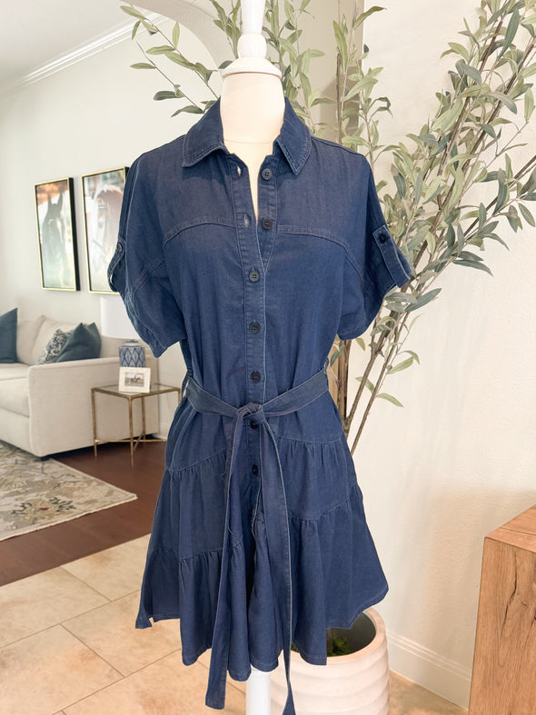 denim button down dress with belted waist 