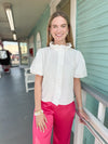 white stripe button down with ruffle collar 