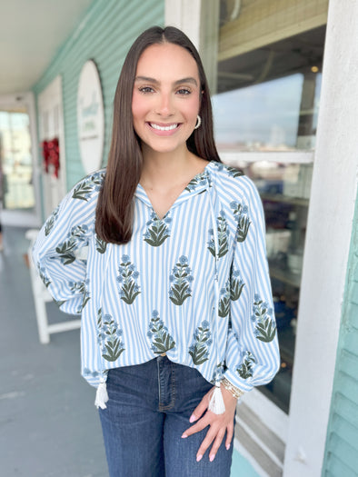 The Barclay Stripe Floral Top-Blue