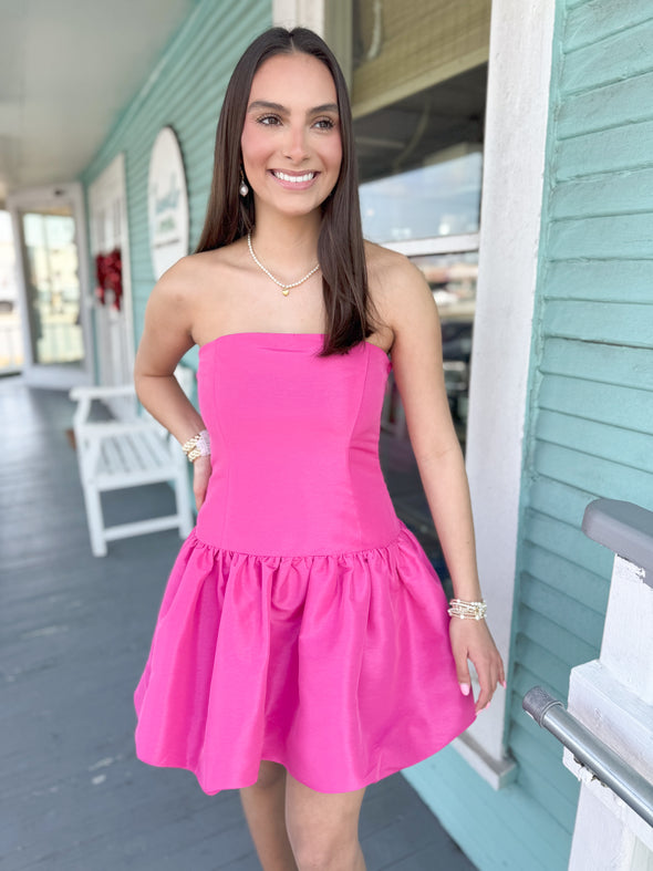 The Jennie Strapless Satin Bubble Dress-Fuchsia