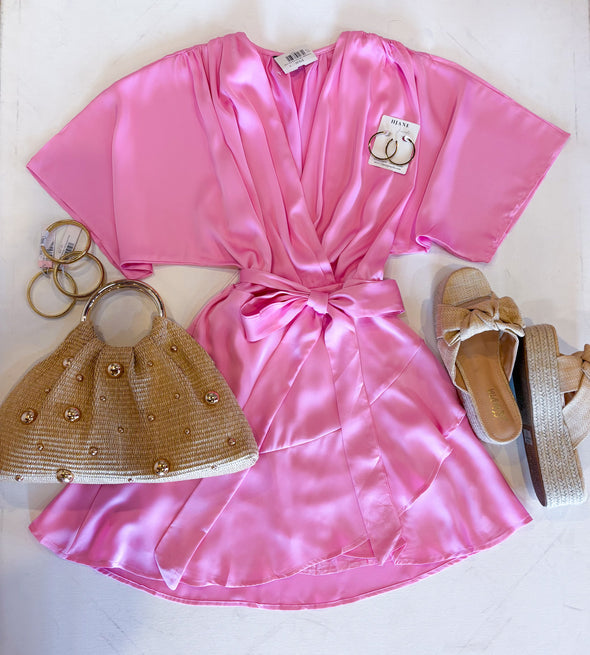 The Bubblegum Satin Wrap Dress-Pink